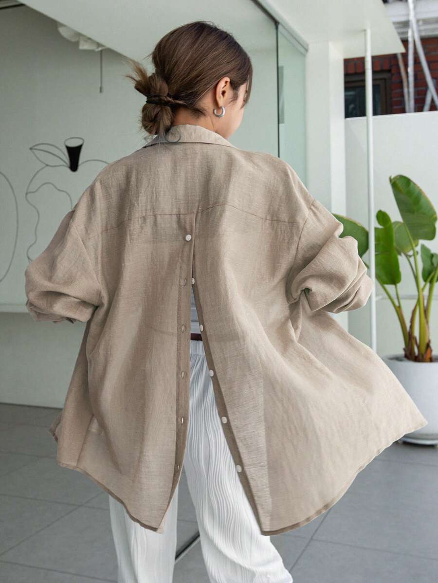 Áo sơ mi dài tay màu trơn thời trang nữ mùa hè - Màu Khaki - Xem 1