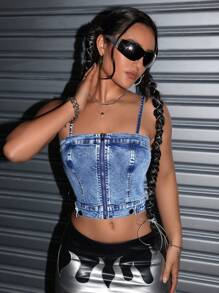 SHEIN ICON 女性時尚日常穿著牛仔背心上衣 - 藍色 - 查看 3