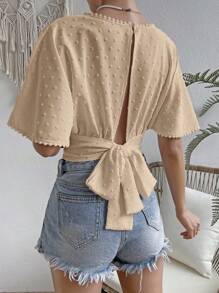 SHEIN VCAY 休閒夏季瑞士點紋系背短袖襯衫 - 卡其色 - 查看 3