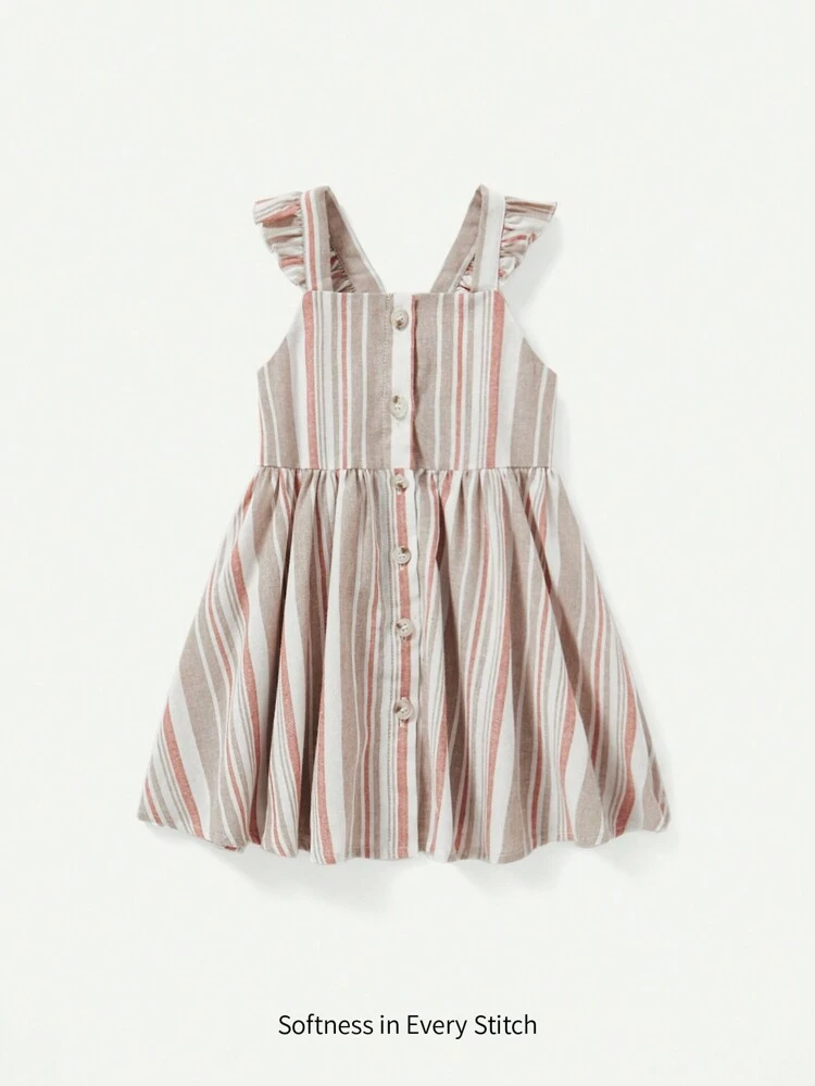 Baby Girl Colorful Vertical Striped Dress With Ruffle Trim And Waist Strap