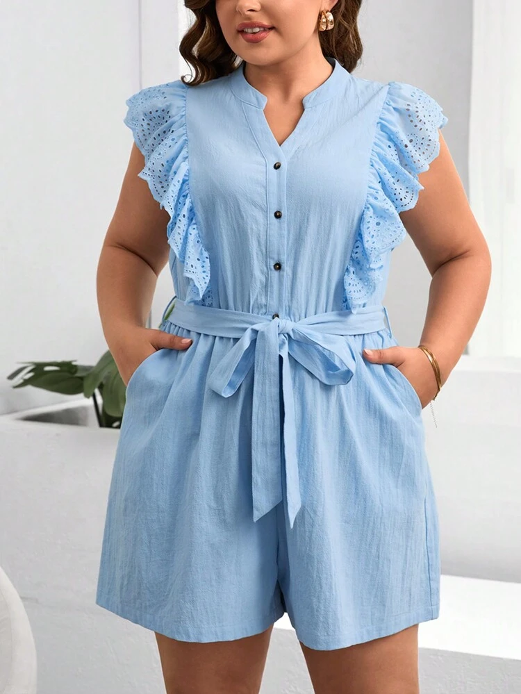 Plus Size Blue Off-Shoulder Decoration Jumpsuit For Summer Holiday