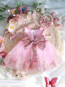 SHEIN 2pcs Newborn Baby Girl Photography Costume Set, Princess Flower Embroidery Mesh Dress With Butterfly Ornaments