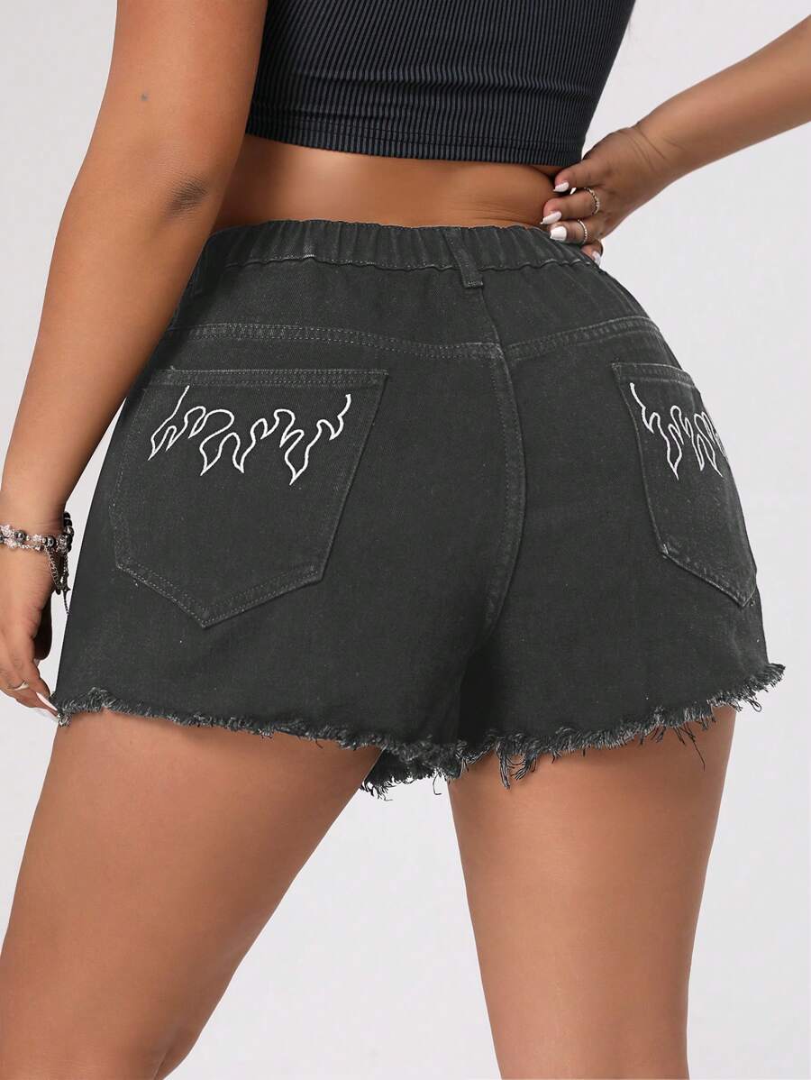 SHEIN ICON 大碼女裝火焰印花流蘇邊牛仔短褲 - 灰色 - 查看 1