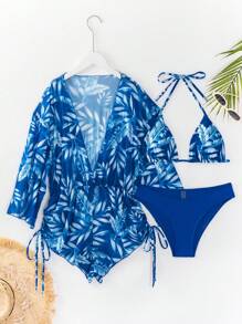 Summer Beach Women's Printed Halter Triangle Bikini Top & Bikini Bottom & Cover-Up Three Piece Set(Random Pattern)