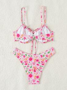 Swim Mod Summer Beach Floral Print Bikini Set With Steel Ring - Multicolor - View 2