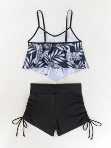 SHEIN Swim Conjunto Tankini de verano con parte superior tipo cami con dobladillo Hanky y estampado de plantas al azar y short de baño lateral con cordón para la playa