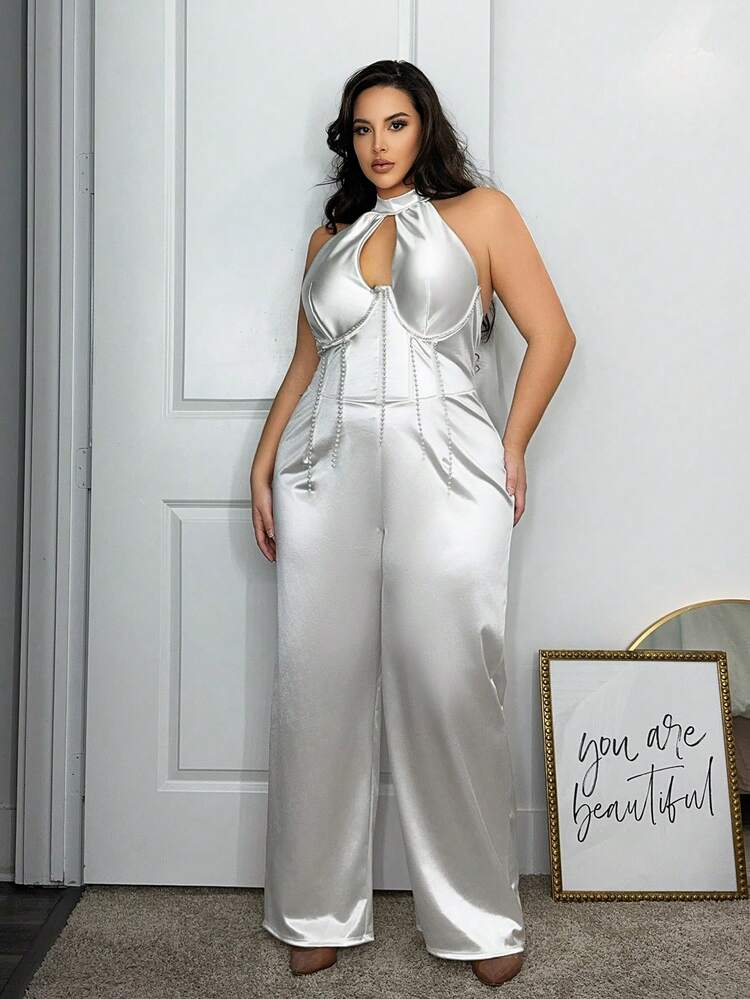 Plus Size Women's Elegant Rhinestone Embellished Halterneck Jumpsuit