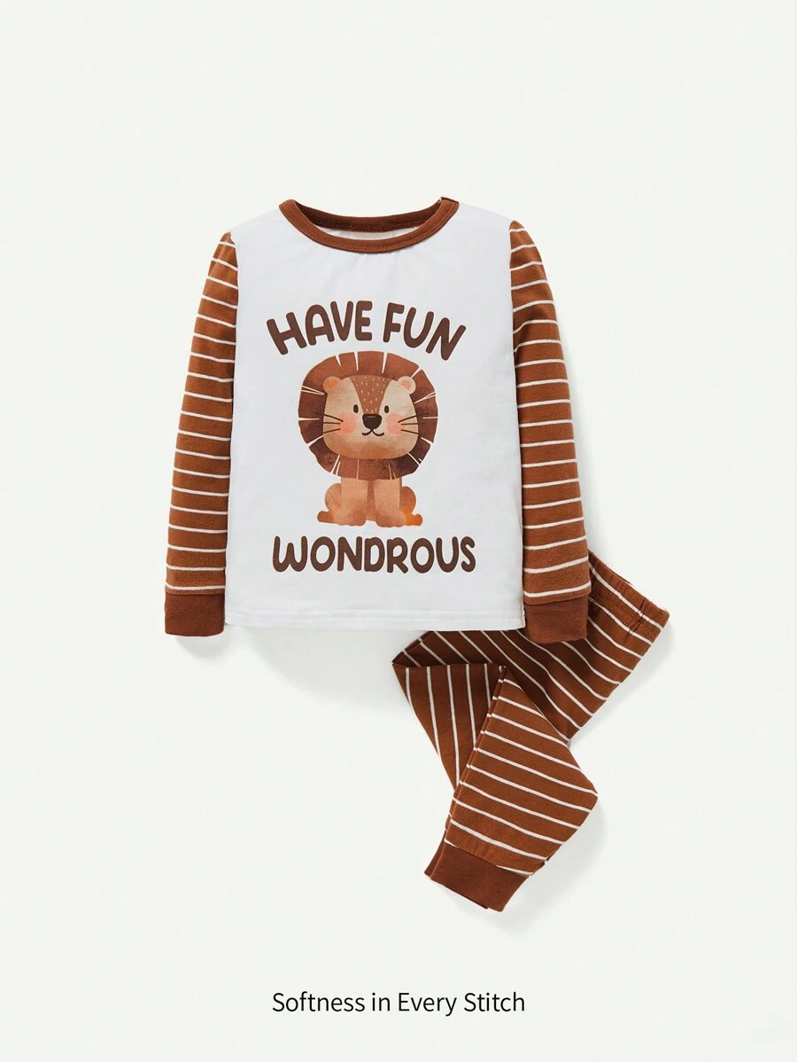Cozy Pixies Baby Boy Snug Fit Pajama, Cute Bear Print Color-Block Round Neck Top And Long Pants Set - Coffee Brown - View 1