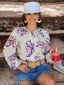Aveloria Ladies" Simple And Elegant Random Floral Printed Tie-Waist Long Sleeve Shirt
