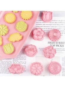 8Pcs/Set Mother's Day Flower Cookie Cutters,3D Embossers Set ,3D DIY Cartoon Pressable Biscuit Mold DIY Cookie Stamp Kitchen Accessories Pastry Bakeware,Daisies, Sunflowers, Cherry Blossoms, Roses, Carnations, Plum Blossoms, Frosting Cutting Mold Fondant Baking Tools. Wedding Festival Wedding Gifts Wedding Cake Tools - Pink - View 9