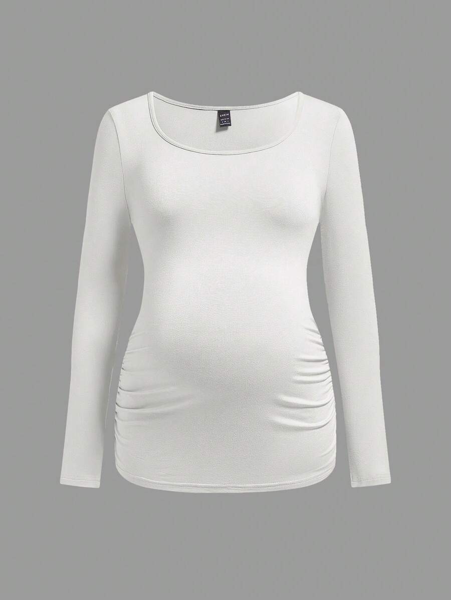 SHEIN Maternity Solid Ruched Side Tee With Long Sleeve - White - View 1