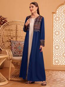 Al Najma Áo Abaya dài tay in họa tiết hình học cho nữ, Áo Abaya thời trang Hồi giáo cho thường ngày/lễ hội/tụ tập/du lịch - Màu xanh hải quân - Xem 6