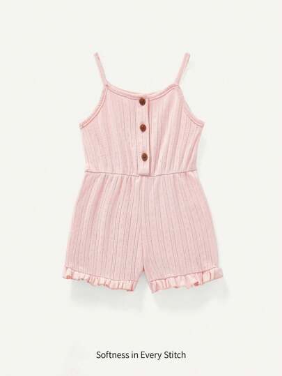 Baby Girl Button Decor Strap Romper With Elastic Waist
