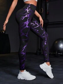 Powerista Women Sports Pants Yoga Pants With Butt Lifting Design, Slim Fit High Waist Yoga Pants With Gold Foil Print - Purple - View 7