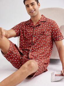 Ensemble de pyjama pour hommes à manches courtes imprimé décontracté comprenant un short, vêtements d'intérieur - Rouge - Voir 1
