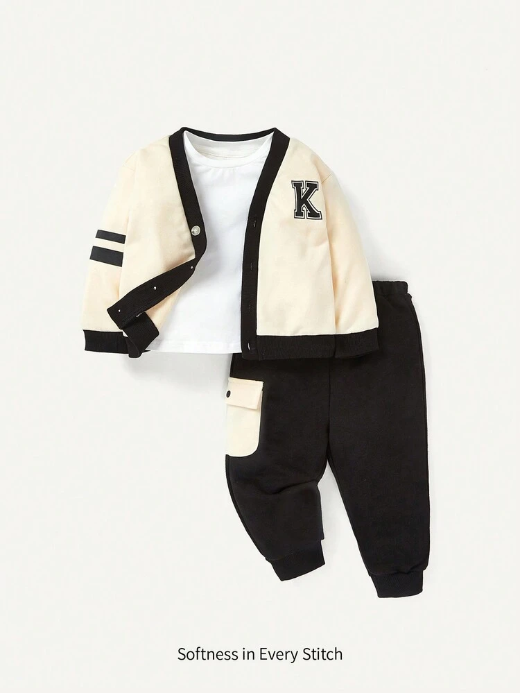 Baby Boy 3pcs Long Sleeve V-neck Contrast Color Cardigan Top, Tapered Pants Clothes
