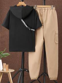 Teen Boy Bear Print Hooded Short Sleeve Top & Solid Color Tapered Leg Cargo Pants Two Pieces Set