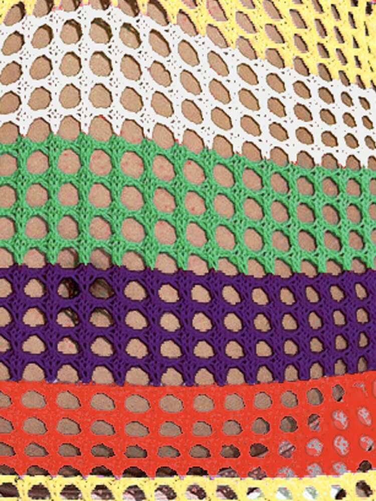 Plus Size Women Fashionable Hollow Out Multicolor Striped Halterneck Design Cover-Up Summer