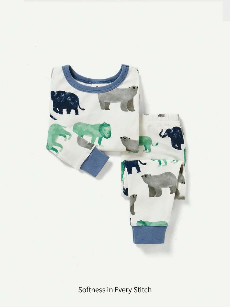 Baby Boy Snug Fit Pajama Set, Cartoon Animal Printed Round Neck Top And Footed Pants, 2pcs