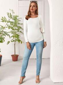 SHEIN Maternity Solid Ruched Side Tee With Long Sleeve - White - View 6