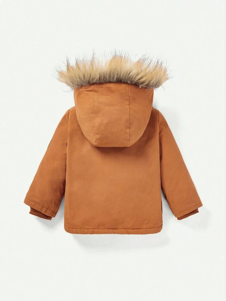Baby Boy Fuzzy Trim Hooded Thermal Lined Parka Coat Without Tee