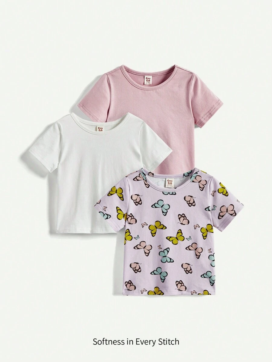Cozy Pixies 3pcs Baby Girls' Butterfly Pattern Solid Short Sleeve T-Shirt With Round Neck And Regular Shoulders Print - Multicolor - View 1