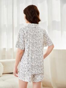 女式印花2件式短褲和短袖休閒家居服 - 白色 - 查看 2