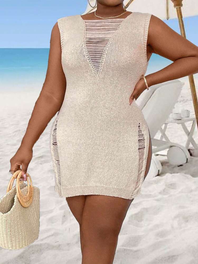 Plus Size Women's Sleeveless Sweater Dress With Hollow Out Design And Side Slit