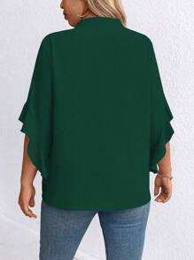 Plus Size Beaded Decorated Ruffle Edge Tie-Neck Blouse For Spring/Summer - Dark Green - View 2
