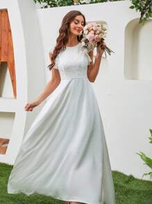 Women's Elegant Lace Splicing Solid Color Asymmetric Hem Bridal Wedding Dress With Ruffle - White - View 3