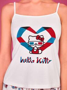 HELLO KITTY AND FRIENDS | SHEIN 女士休闲宽松针织印花吊带背心和短裤睡衣套装 - 白色 - 查看 4