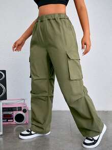 SHEIN EZwear Kích thước lớn Của phụ nữ Phong cách đường phố Lỏng lẻo phù hợp Tiện ích Quần legging thẳng - xanh quân đội - Xem 4