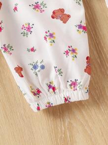 Conjunto Casual de 2 Peças de Roupas Simples e Adoráveis para Bebê Menina com Topo de Mangas Curtas com Estampa de Flor e Urso e Calça Longa com Gola Redonda - Branco - Ver 4