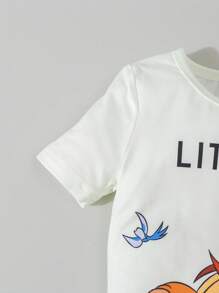 2pcs Young Boy Simple Cute Monkey Print Crew Neck Short Sleeve T-Shirt & Shorts Set, Relaxed Fit Snug Fit Pajamas