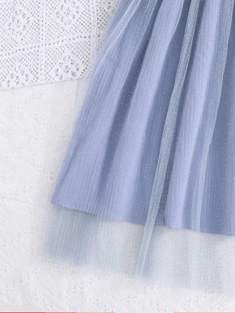 Tween Girl Square Neckline Mesh Overlay Pleated Dress