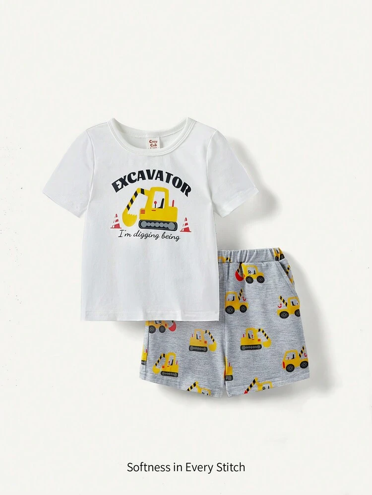 Baby Boys' Cartoon Car Print Round Neck Short Sleeve T-Shirt And Casual Shorts 2pcs Outfit Matching Set