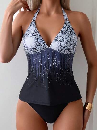 Swim Lushoire Women's Diamond Print Halter Neck Tankini Top Summer
