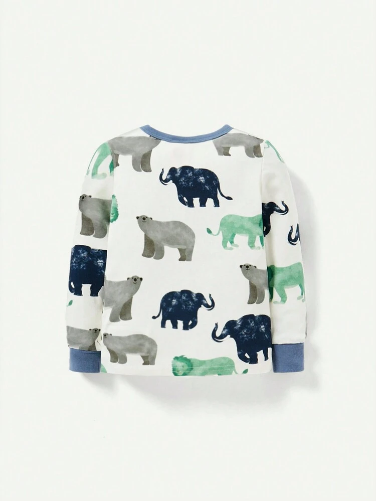 Baby Boy Snug Fit Pajama Set, Cartoon Animal Printed Round Neck Top And Footed Pants, 2pcs