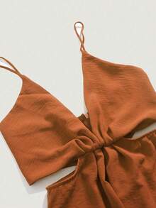 女士纯色镂空腰部连体裤 - 棕色 - 查看 3