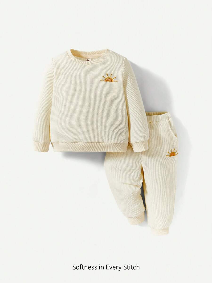 Cozy Pixies 男嬰太陽刺繡衛衣和衛褲 - 卡其色 - 查看 1