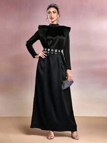 Modelyn Women Cap Sleeve Stand Collar Maxi Arabian Dress For Party - Black - View 3