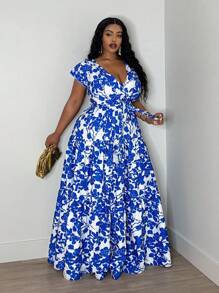 Slaydiva Plus Size Women's Floral Print Ruffle Hem Belted Dress For Summer,Beach Dress Sundress,Holiday Outfits Boho - Royal Blue - View 6