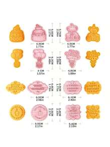 8pcs Happy Birthday Cookie Cutter,Balloon and Cake Shaped Cookie Stamp,Plastic 3D Cartoon Pressable Biscuit Mold DIY Cookie Stamp Kitchen Baking Accessories Pastry Bakeware - Pink - View 4