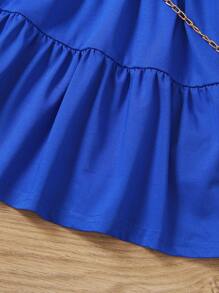 SHEIN Elladie kids 年輕女孩純色簡約圓領短袖裙，帶荷葉邊 - 寶藍色 - 查看 7