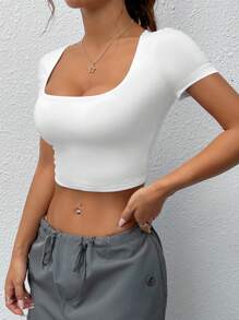 SHEIN EZwear Camiseta corta blanca básica sin costuras de ajuste slim para mujer en verano
