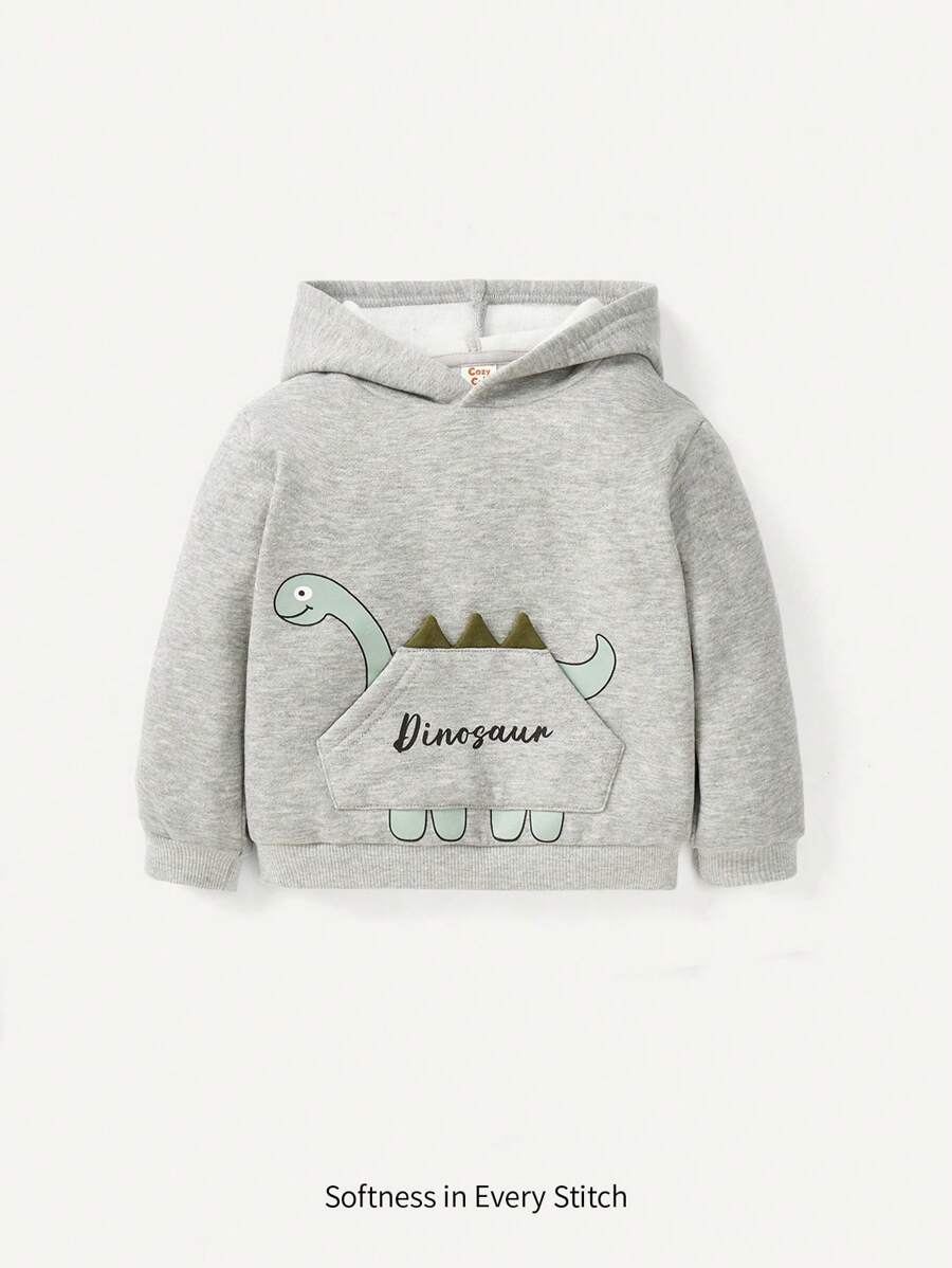 Cozy Pixies 男嬰字母&恐龍印花袋鼠口袋連帽衫 - 淺灰色 - 查看 1