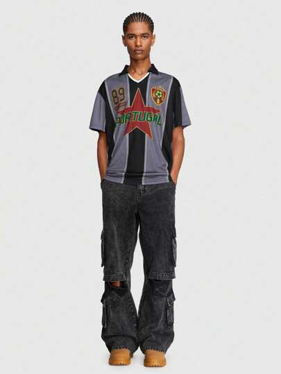 Prep Men's Star & Football Print Colorblock Stripe Short Sleeve Polo Shirt, Suitable For Daily Wear In Spring And Summer