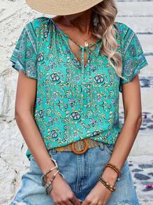 SHEIN LUNE Đường viền cổ chữ V Mặt trước Buộc Giường đôi In Ngắn tay Áo sơ mi - màu xanh lá - Xem 4