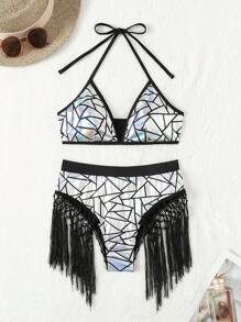 Swim SXY Bộ bikini hai dây cổ cắt laser dành cho nữ đi biển mùa hè, 2 mảnh, dành cho kỳ nghỉ - Bạc - Xem 4