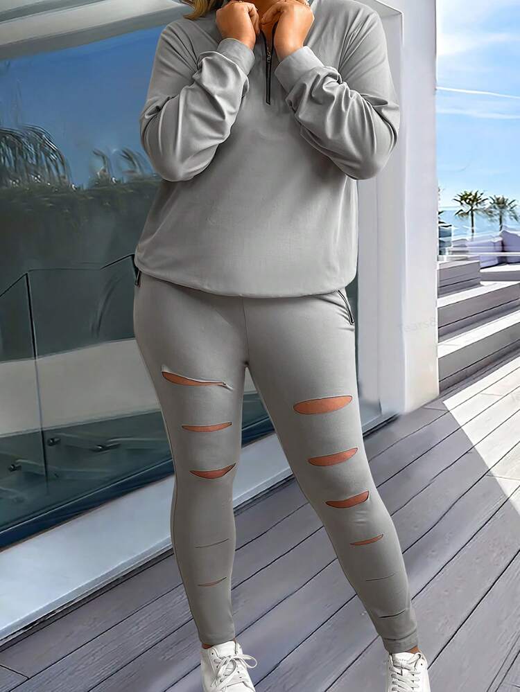 Plus Size Women's Spring Autumn Zipper Half Placket Long Sleeve Hoodie And Ripped Jeans Casual Outfits Fall Cloth For Women